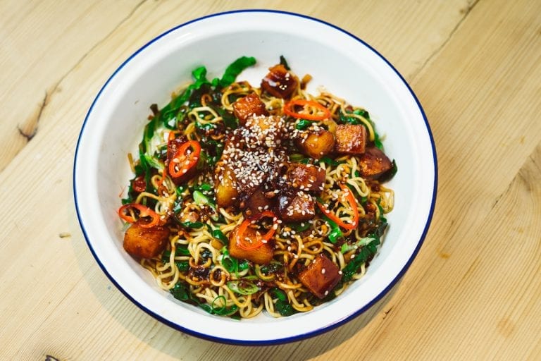 Peanut Glazed Swede With Green Cabbage and Chilli Noodles