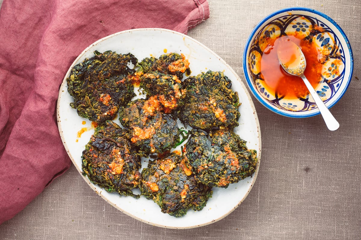 Spinach Fritters With Chilli And Garlic Oil Crunchy Vegetable Fritters