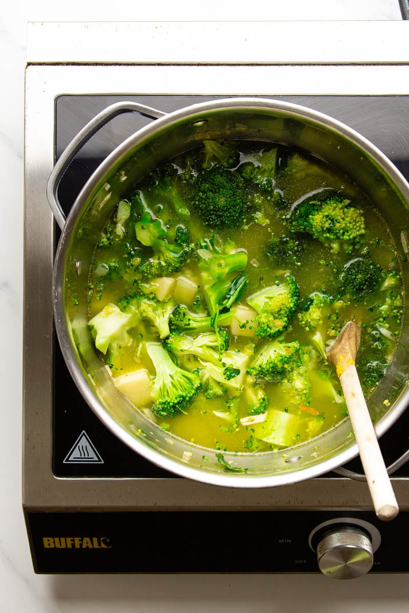 broccoli and spinach in a soup pot