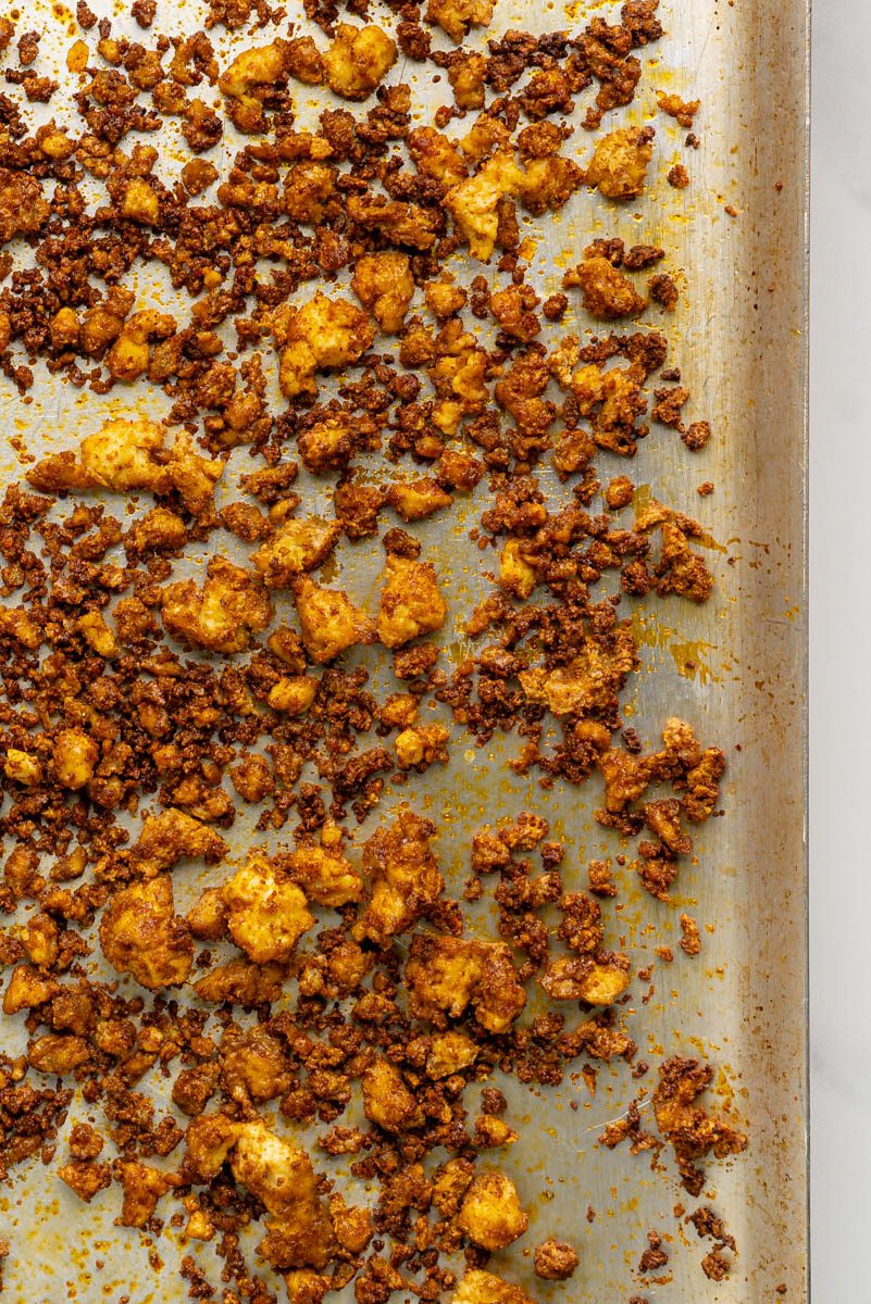 baked tofu crumbles in oven tray