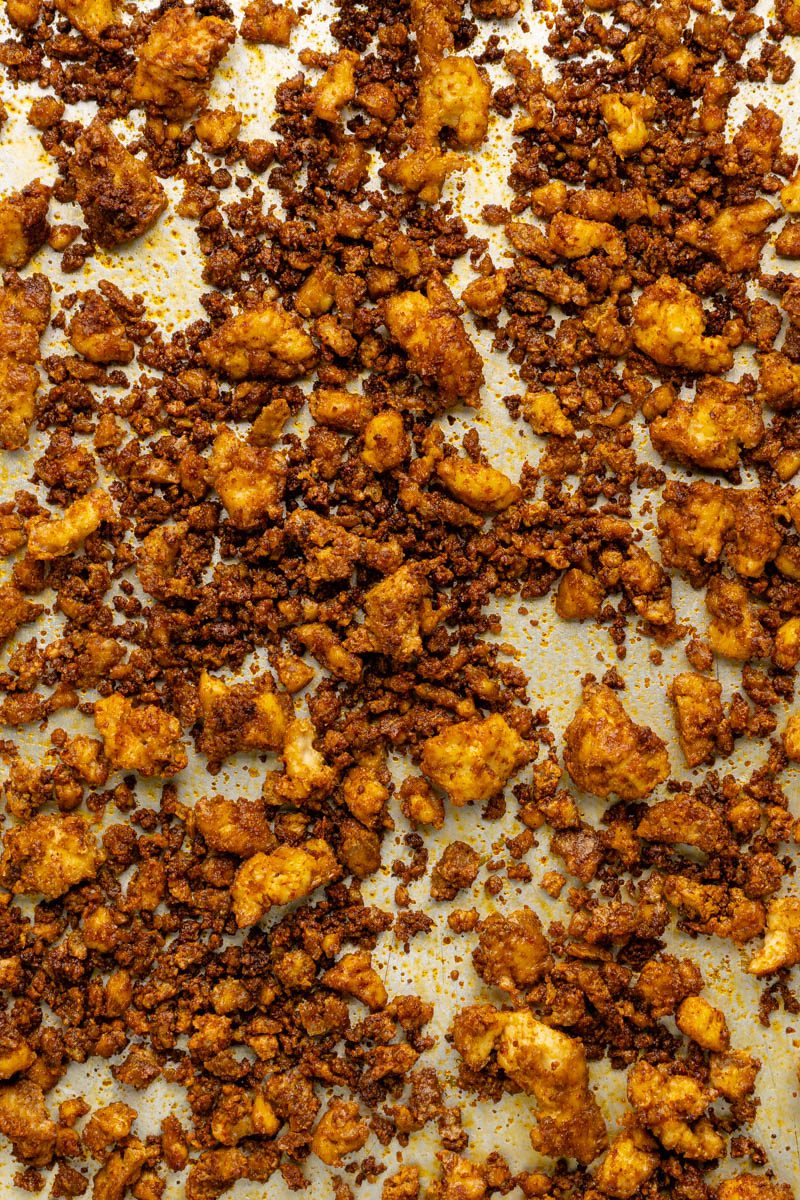 tofu crumbles wide on baking tray