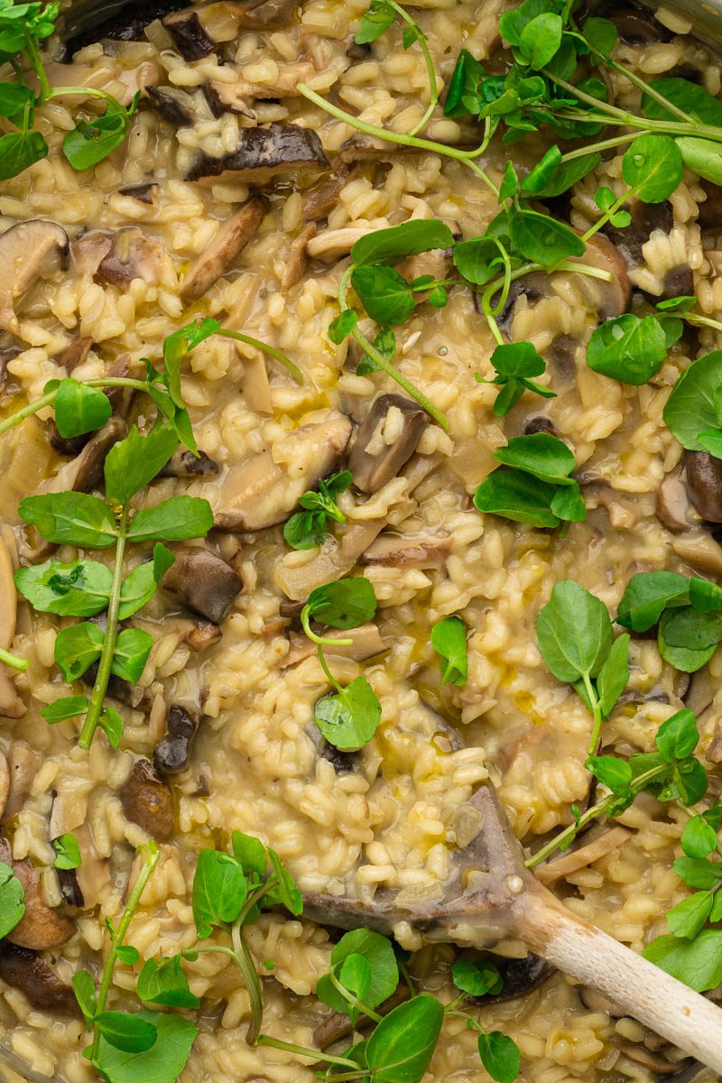 vegan mushroom risotto with watercress close