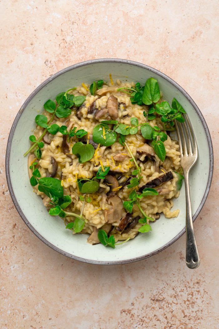 vegan mushroom risotto in bowl