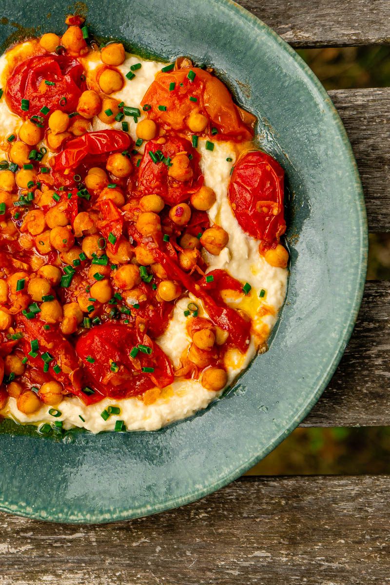 braised tomato and chickpeas close on table